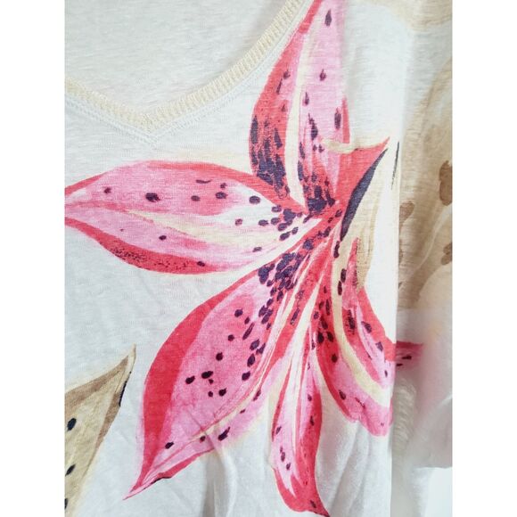Chico's 4 Linen Top Tan Pink Floral Shirt Relaxed Fit Paradise Size 1X SS‎ - Picture 3 of 8